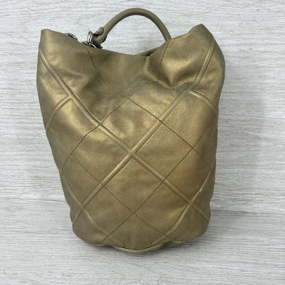 Authentic Salvatore Ferragamo Metallic Gold Leather Hobo Shoulder Bag Italy